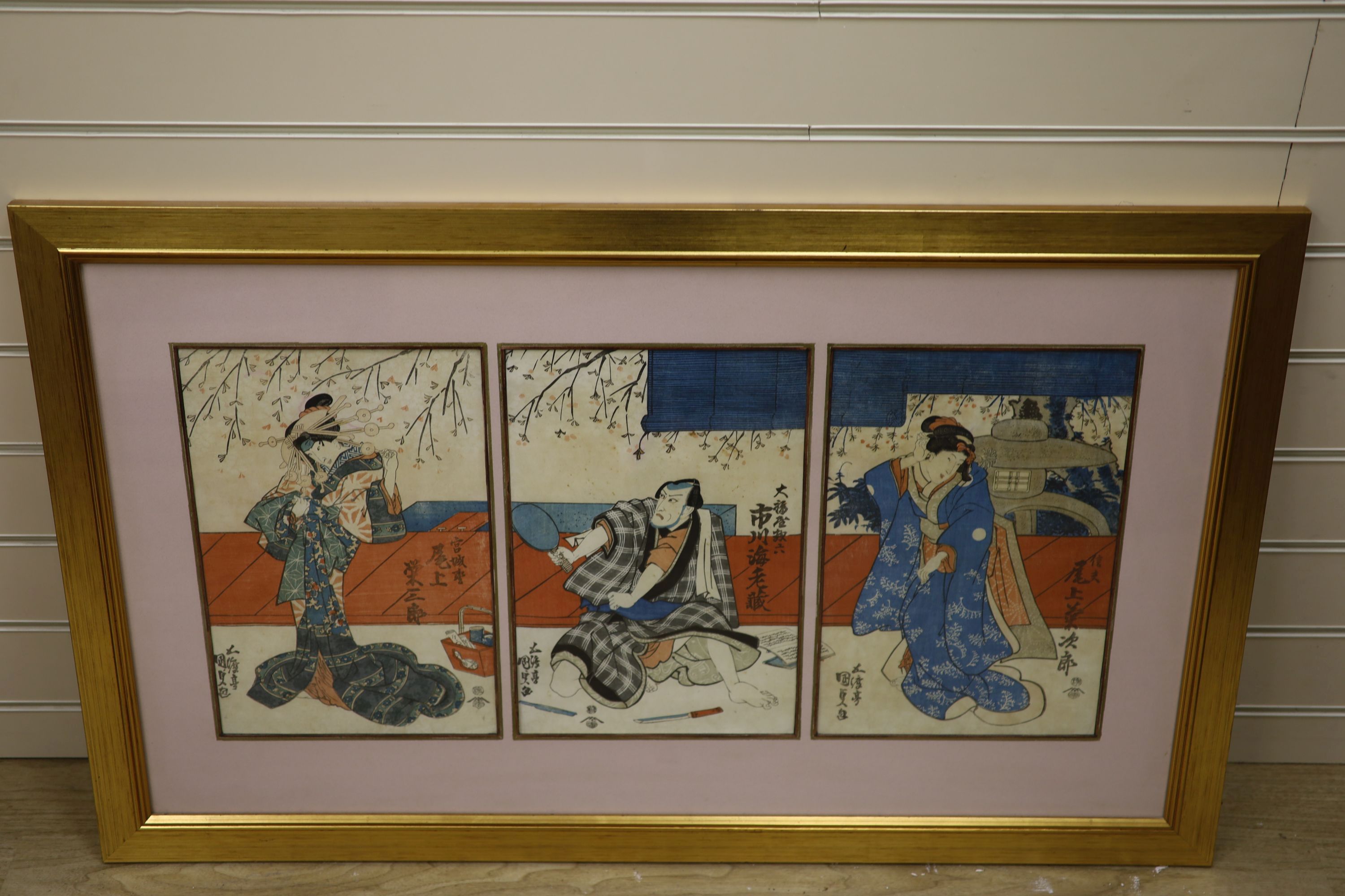 Kunisada, woodblock triptych print, Kabuki scene, a Lord, a Lady and a Lady of the Night, each 37 x 25cm, framed as one